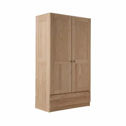 Armoire bois massif 2 portes 1 tiroir Iris - Brut - Poignées Bois