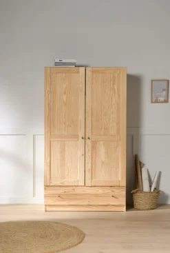 Armoire bois massif 2 portes 1 tiroir Iris - Naturel - Poignées Bois