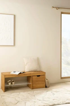 Banc à chaussures bois massif avec 1 cube de rangement Cyriel - Chêne Massif