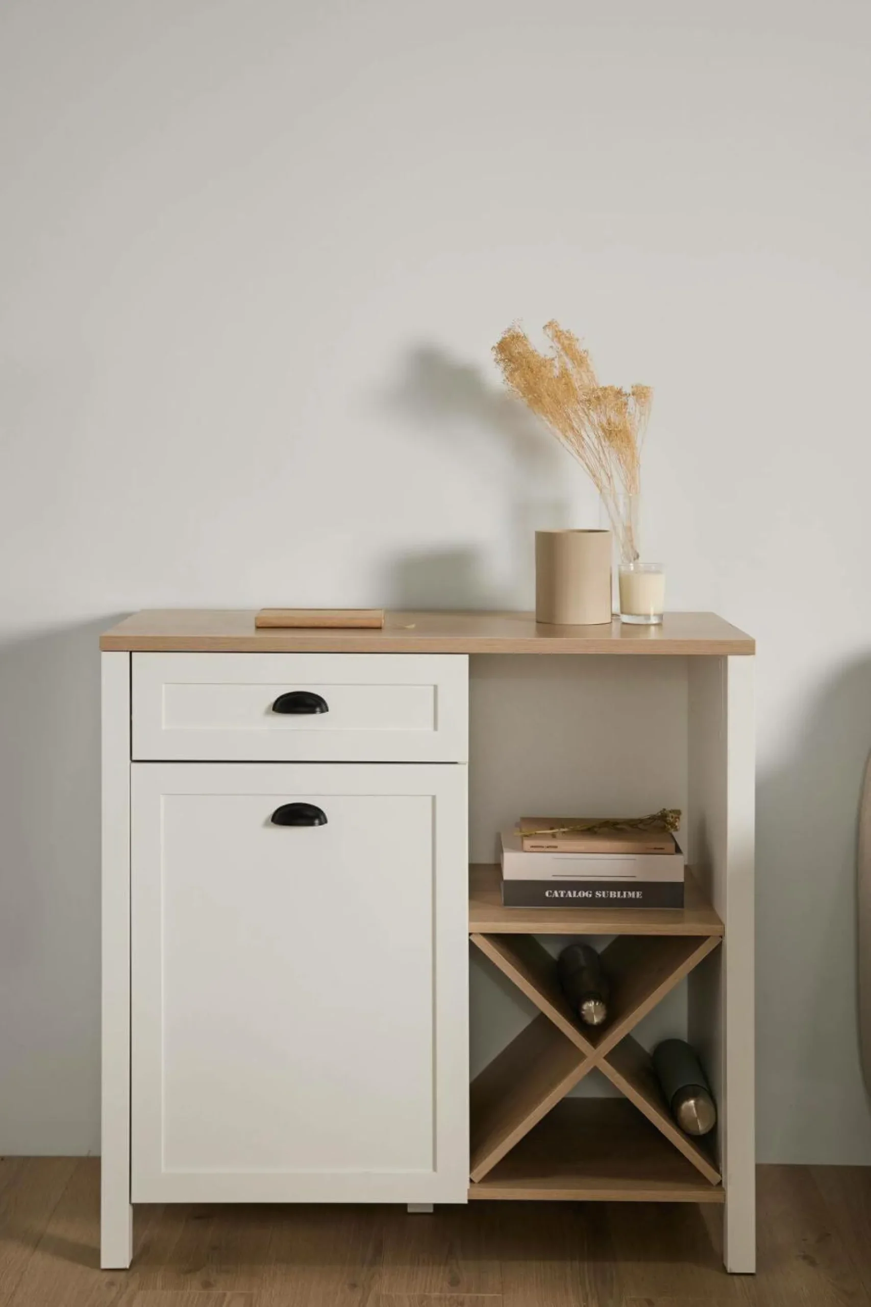 Buffet bas blanc et décor bois 1 porte 1 tiroir Pivoine