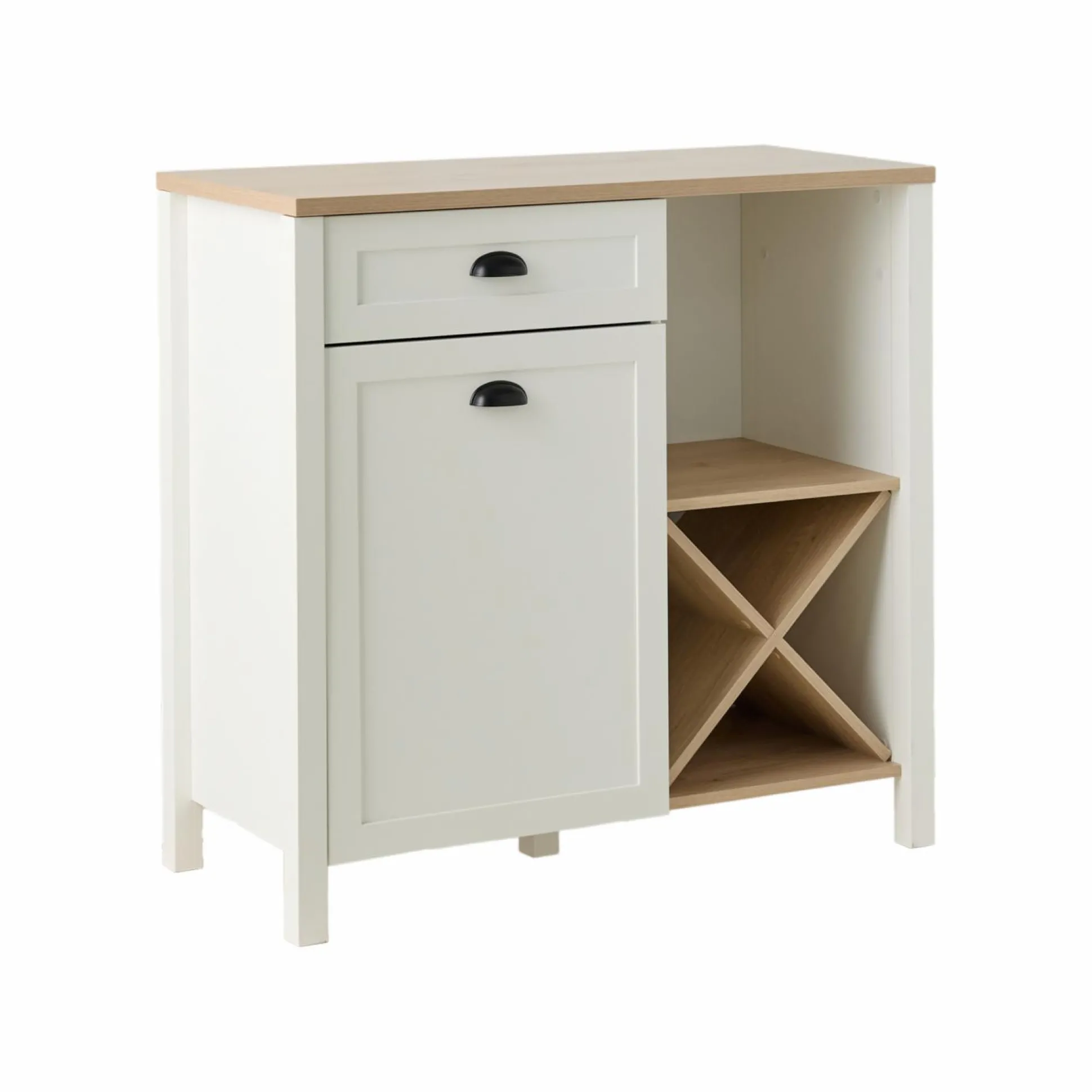 Buffet bas blanc et décor bois 1 porte 1 tiroir Pivoine