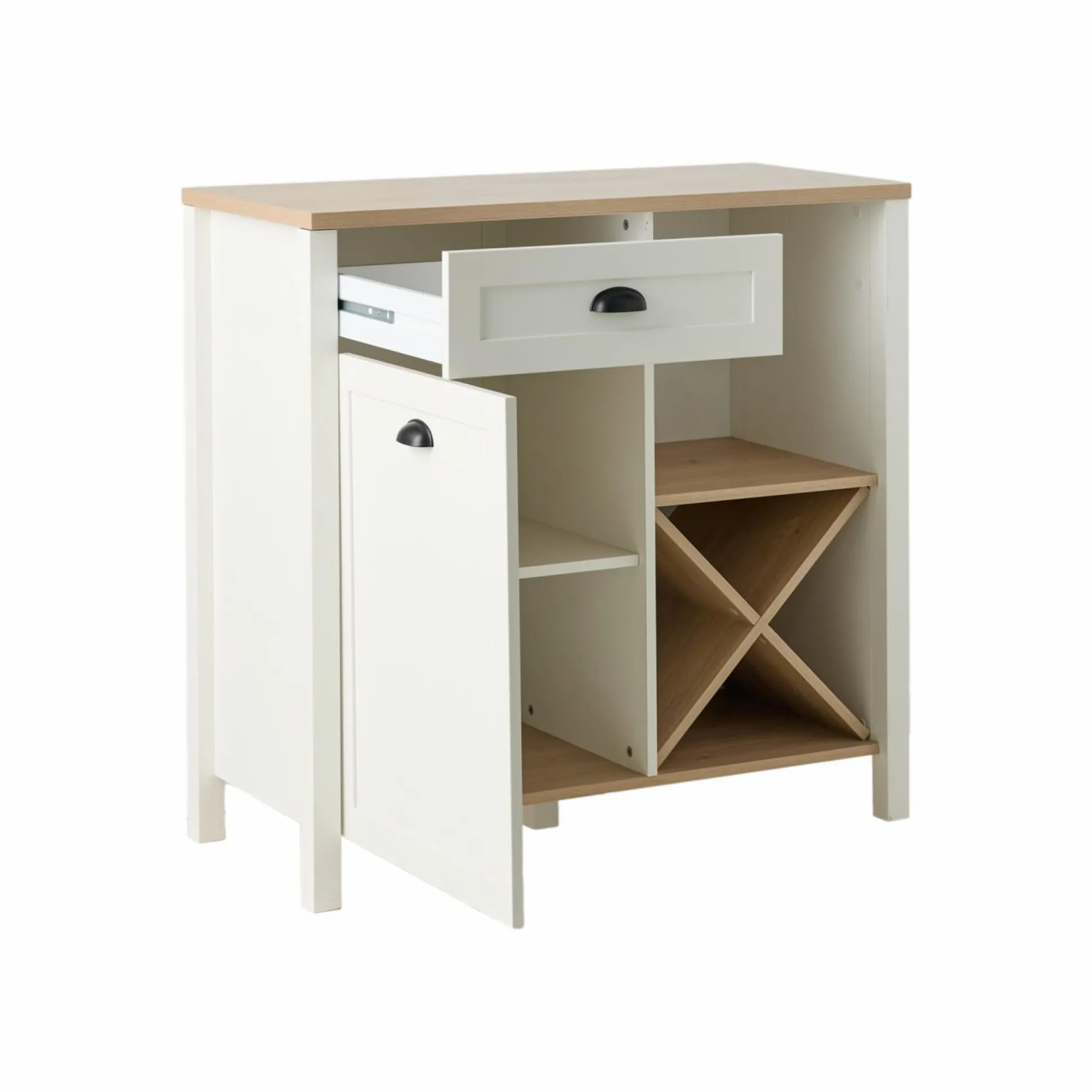 Buffet bas blanc et décor bois 1 porte 1 tiroir Pivoine