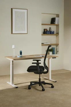 Bureau électrique assis-debout ergonomique Marley - Plateau Bois Clair/Pied Blanc - 120 x 70 cm