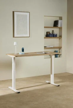 Bureau électrique assis-debout ergonomique Marley - Plateau Bois Clair/Pied Blanc - 120 x 70 cm