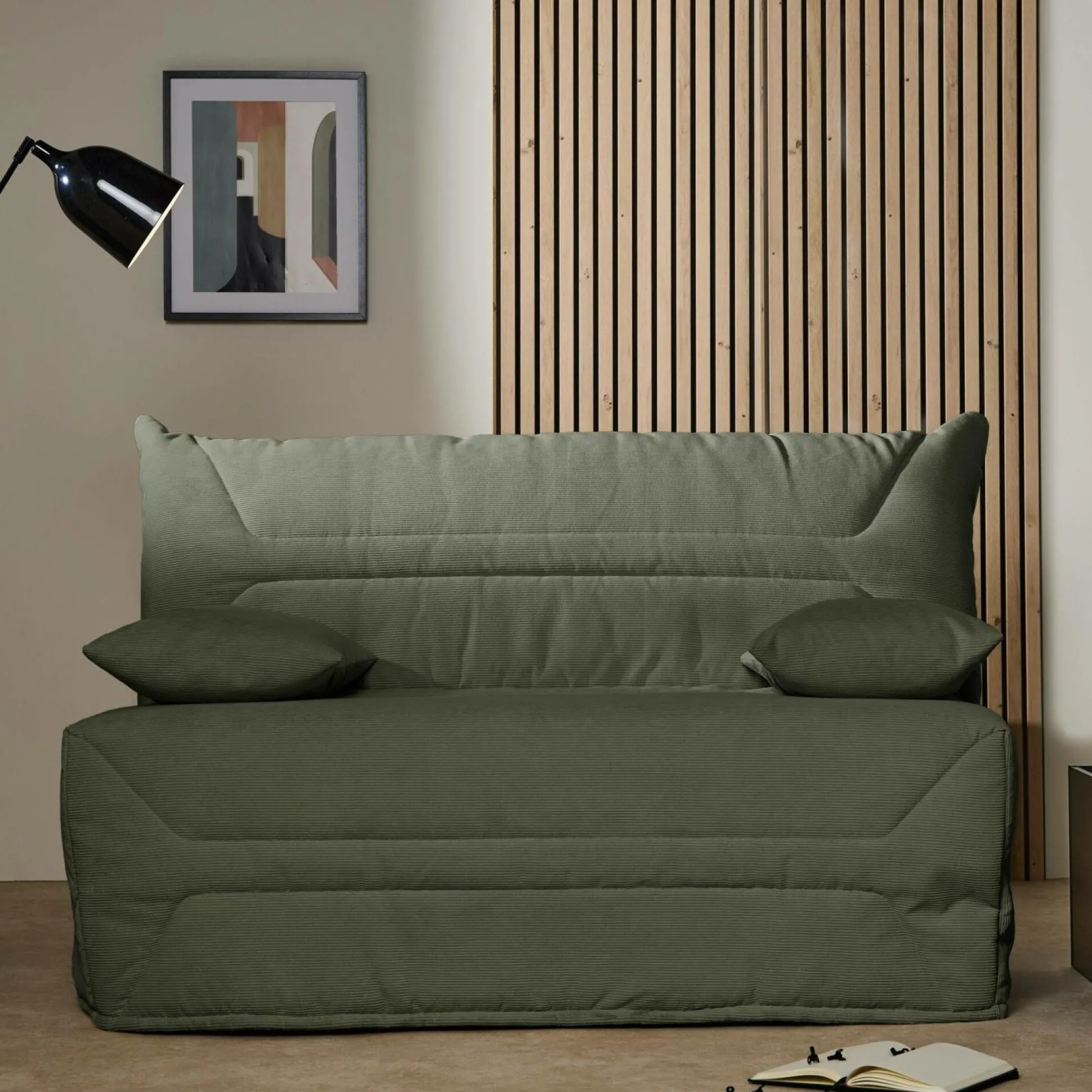 Canapé BZ velours côtelé matelas 12 cm Gaston - Vert Kaki