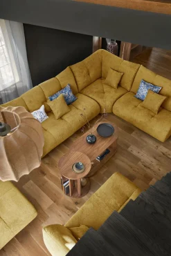 Canapé d'angle modulable tissu avec pouf Benny - Moutarde