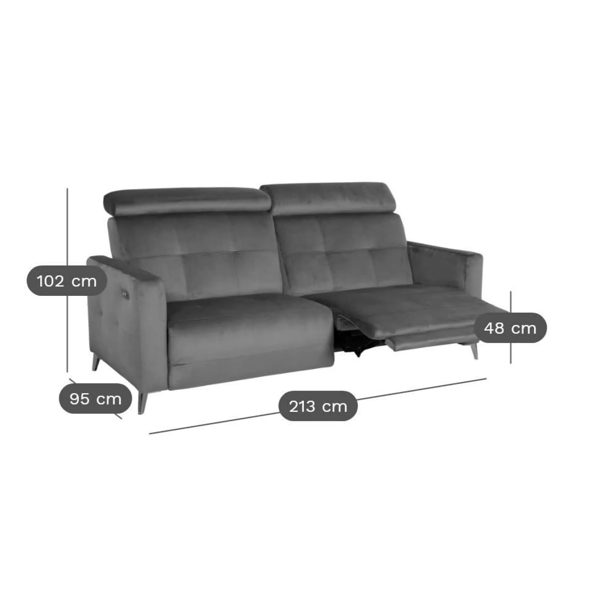 Canapé relax électrique velours Cheverny - Gris Anthracite - 3 places