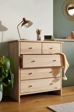 Commode bois massif 5 tiroirs Iris - Brut - Poignées Bois