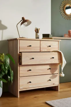 Commode bois massif 5 tiroirs Iris - Brut - Poignées Noir