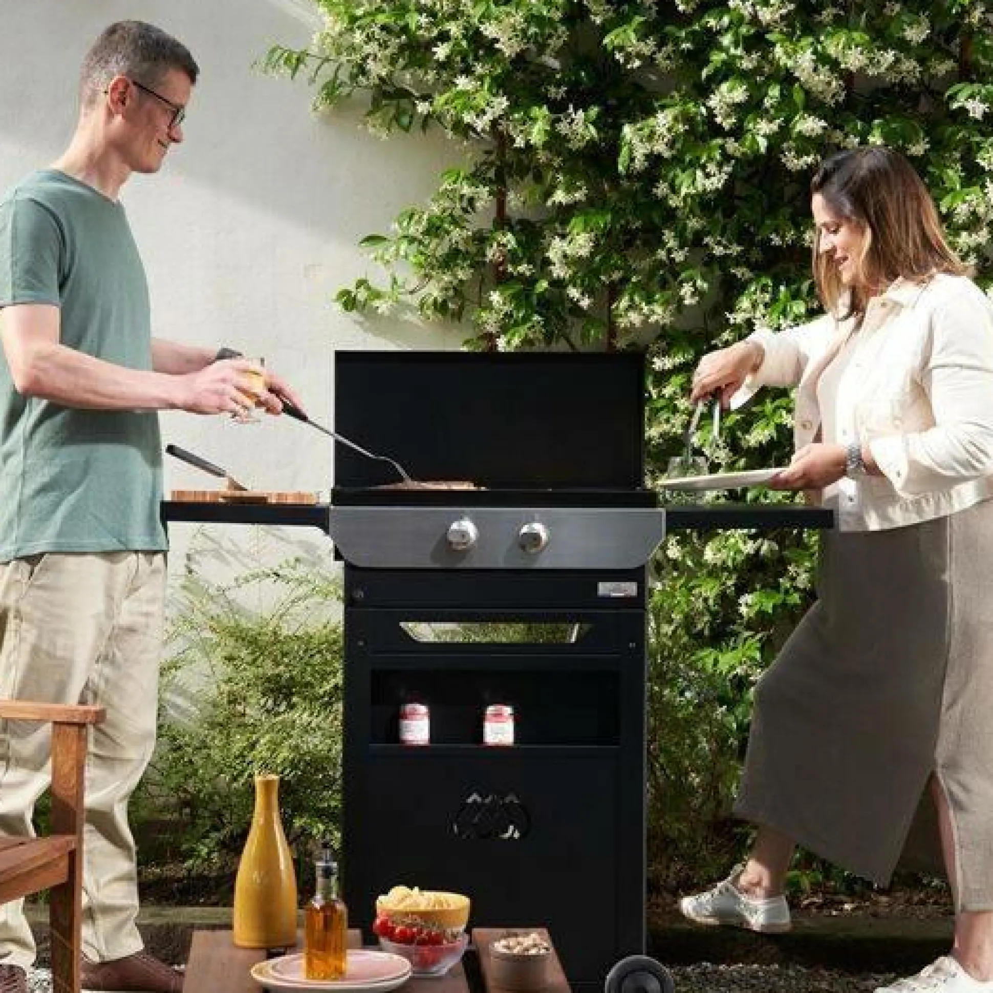 LE MARQUIER Ensemble Plancha Gaz, Chariot et Couvercle en Acier et Inox Original