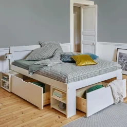 Lit rangement bois massif Tara - Blanc - 160 x 200 cm