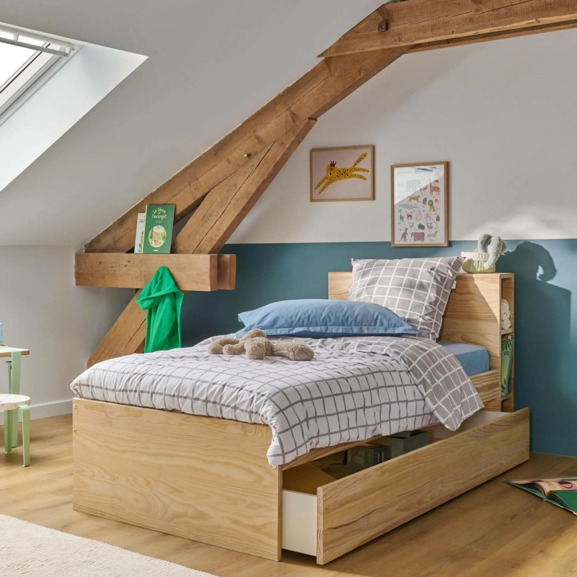 Lit rangement bois massif Sebastian - Bois/Blanc