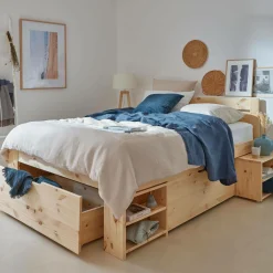 Lit rangement bois massif Tara - Naturel - 140 x 190 cm