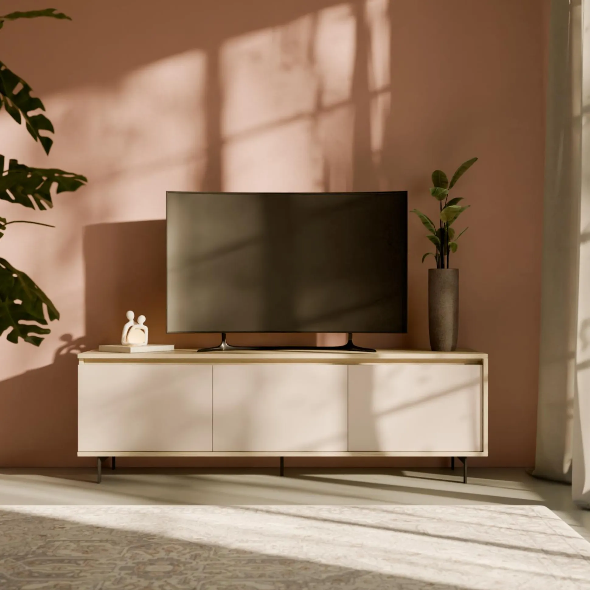 Meuble TV 3 portes décor bois Gustavo - Chêne blanchi/Lin