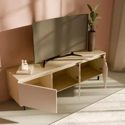 Meuble TV 3 portes décor bois Gustavo - Chêne blanchi/Lin