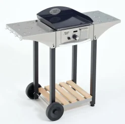 ROLLER GRILL Ensemble Plancha émaillé 400x400 gaz + desserte bois/inox