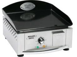 ROLLER GRILL Ensemble Plancha emaille 400x400 électrique + desserte inox et bois