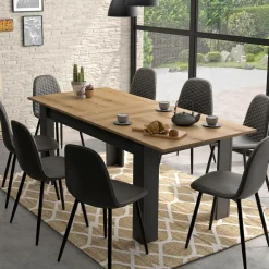 Table à manger rectangulaire extensible décor bois et noir 6 à 8 personnes Garance
