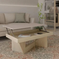 Table basse relevable décor bois Gabriela - Chêne blanchi/Lin